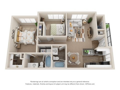 Floor plan for 2 beds, 2 baths, 940 sqft